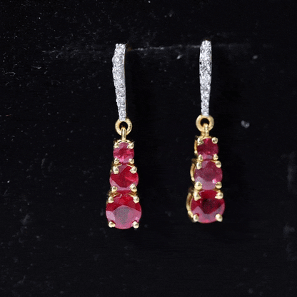Certified Lab Created Ruby Three Stone Dangle Earrings with Moissanite
