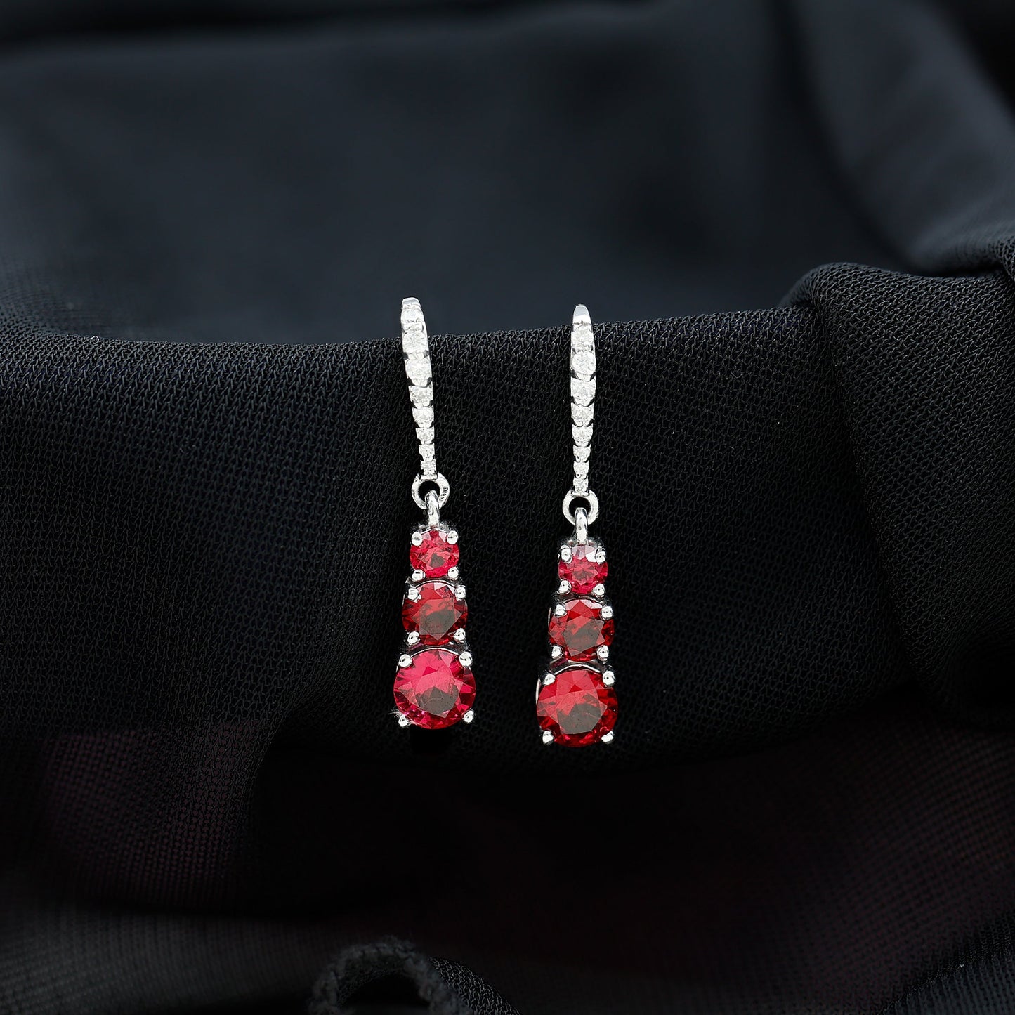 Certified Lab Created Ruby Three Stone Dangle Earrings with Moissanite