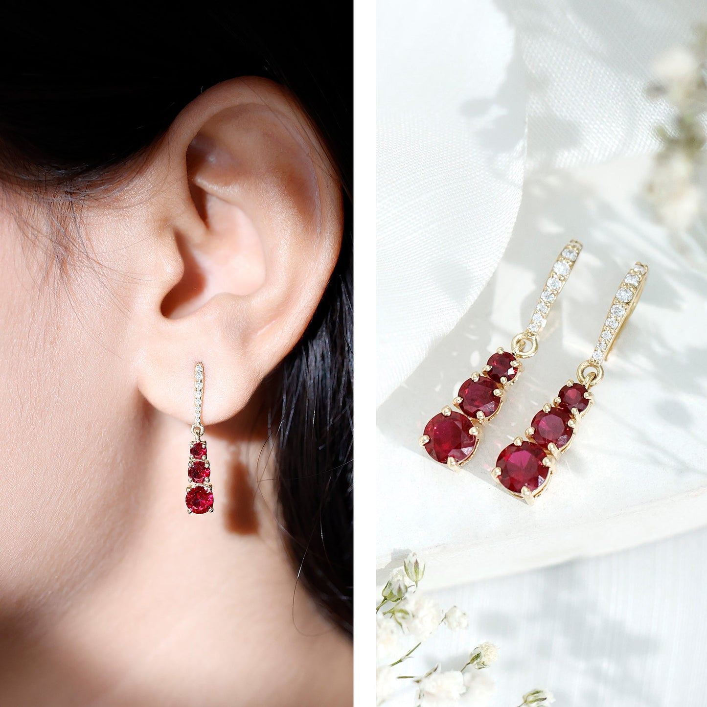 Certified Lab Created Ruby Three Stone Dangle Earrings with Moissanite