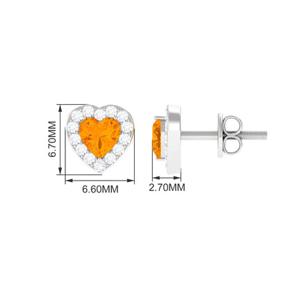 Heart Shape Fire Opal Halo Stud Earrings with Diamond