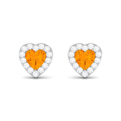 Heart Shape Fire Opal Halo Stud Earrings with Diamond