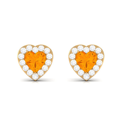 Heart Shape Fire Opal Halo Stud Earrings with Diamond