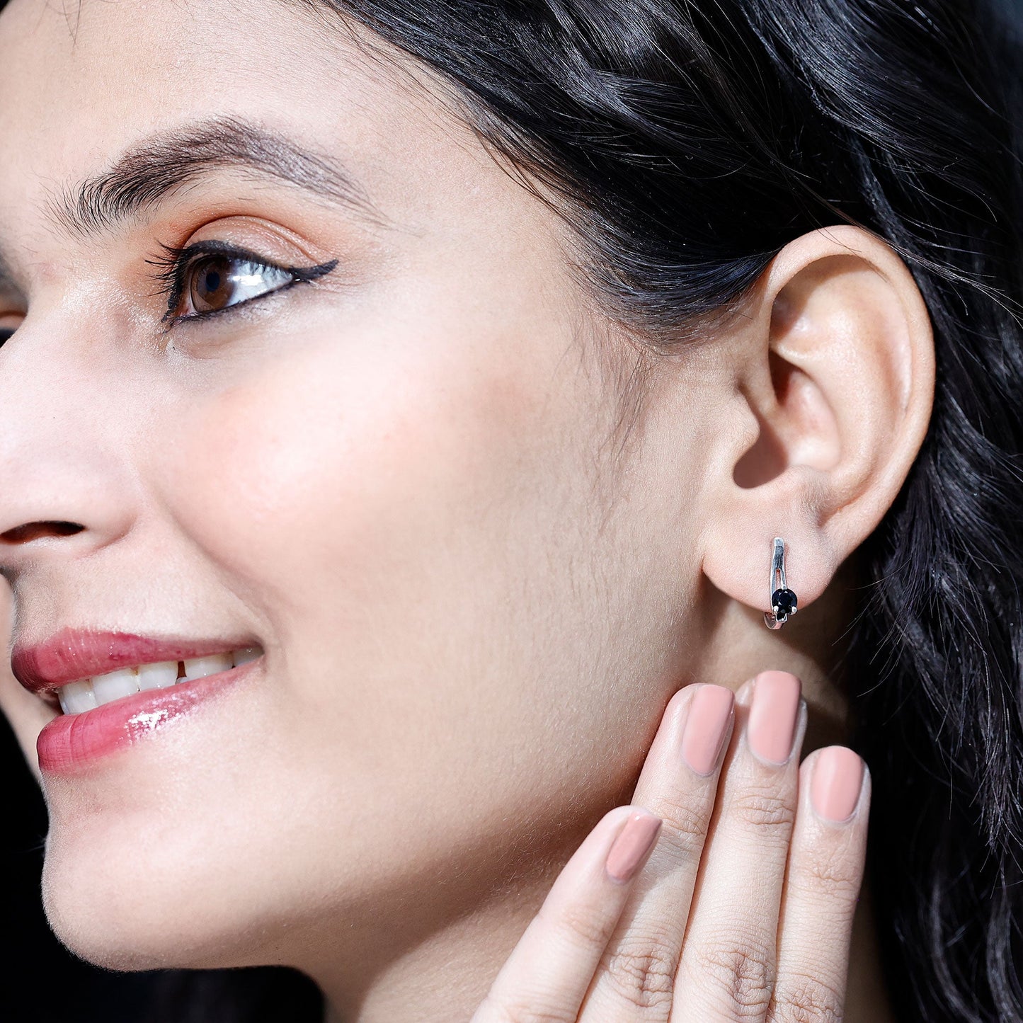 Natural Black Onyx J Hoop Earrings with Latch Back