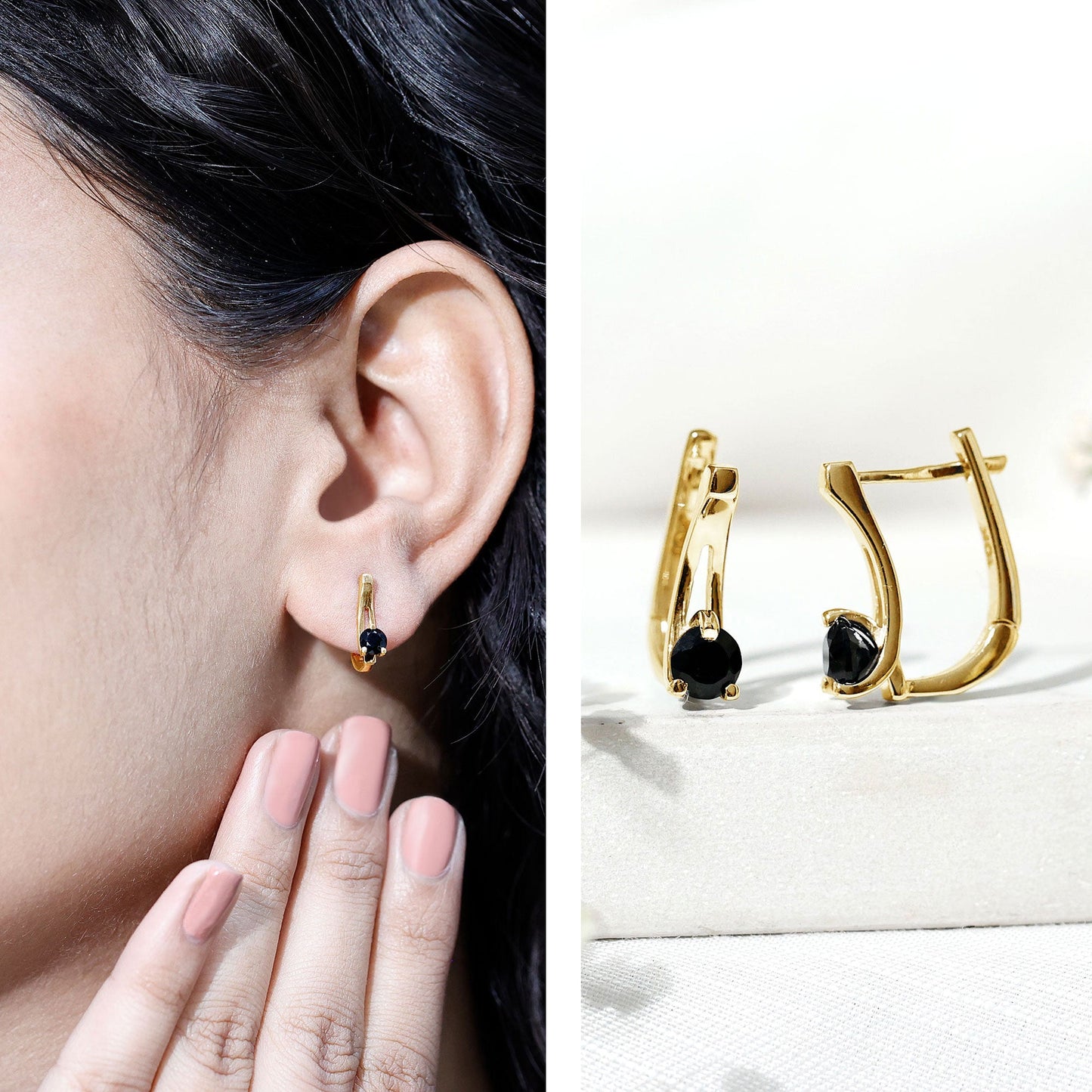 Natural Black Onyx J Hoop Earrings with Latch Back