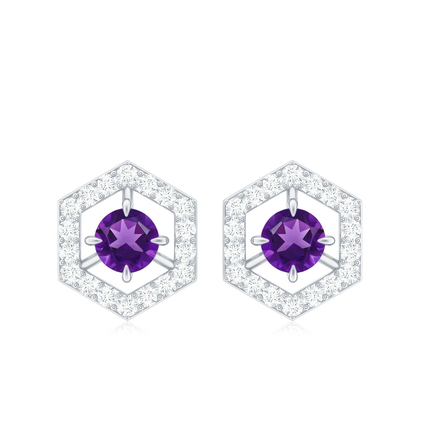 Minimal Amethyst and Diamond Geometric Stud Earrings