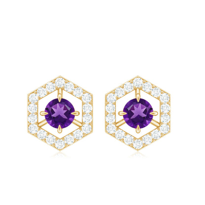 Minimal Amethyst and Diamond Geometric Stud Earrings