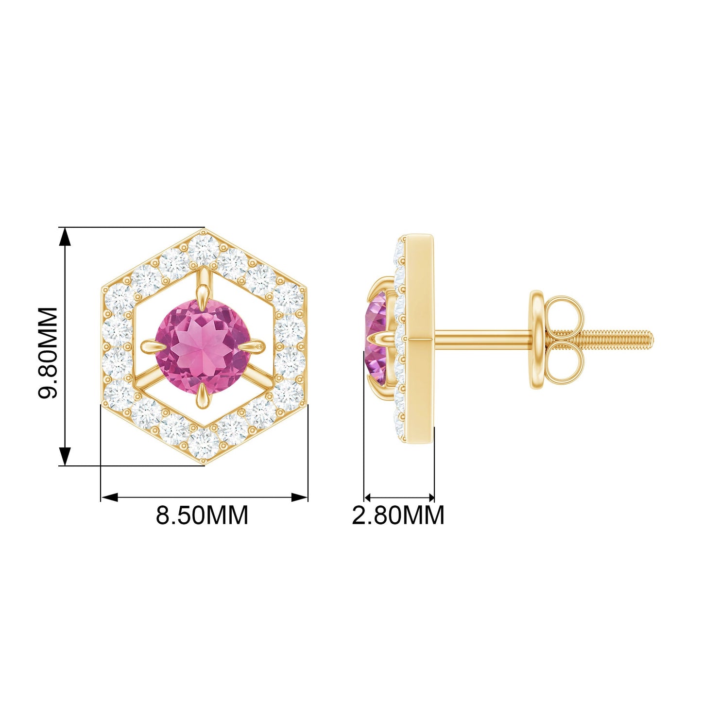 0.4 Carat Minimal Pink Tourmaline and Diamond Geometric Stud Earrings