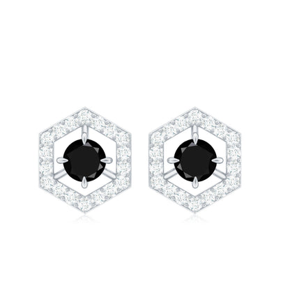 0.9 Carat Black Spinel and Diamond Hexagon Stud Earrings