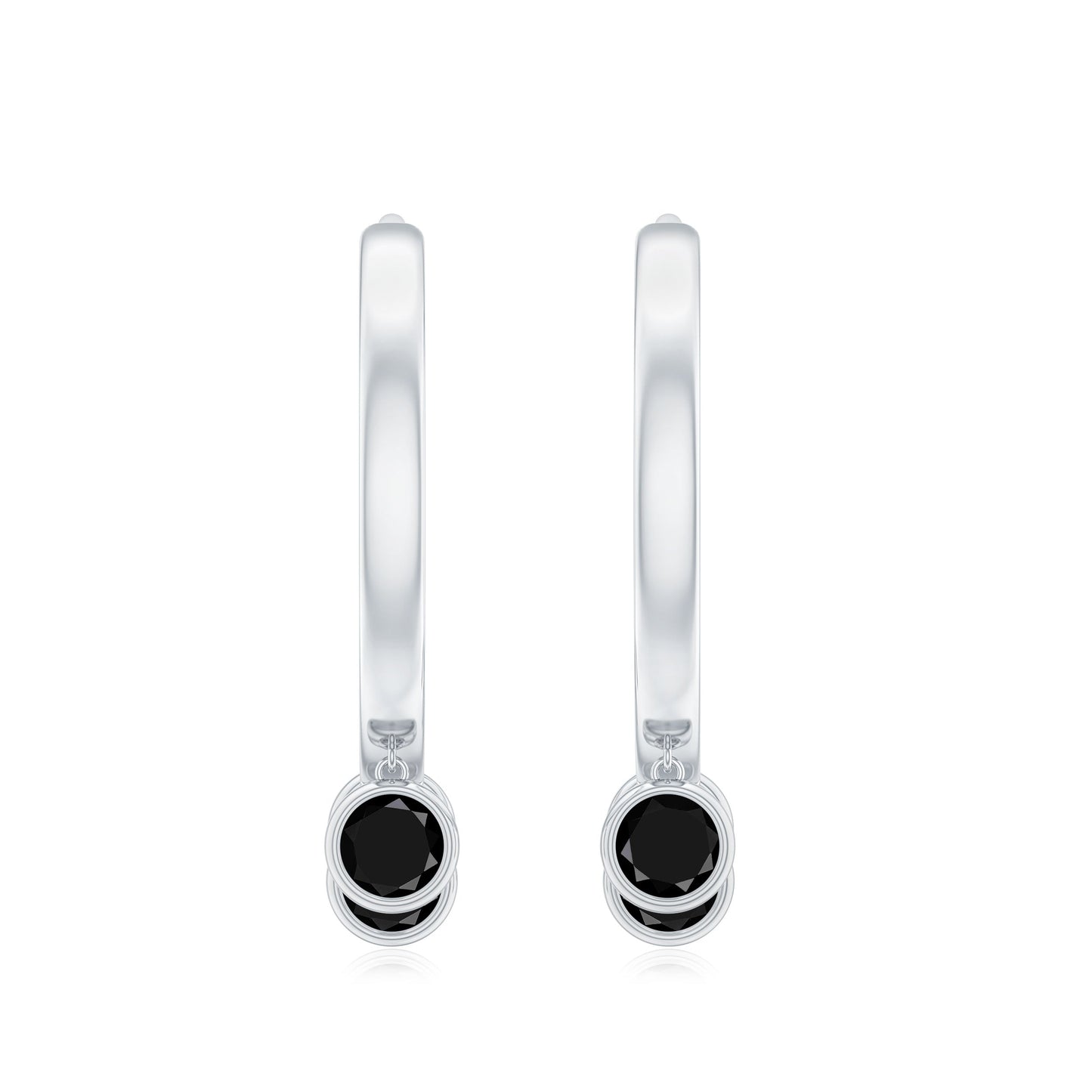 Three Stone Created Black Diamond Hoop Drop Earrings in Bezel Setting