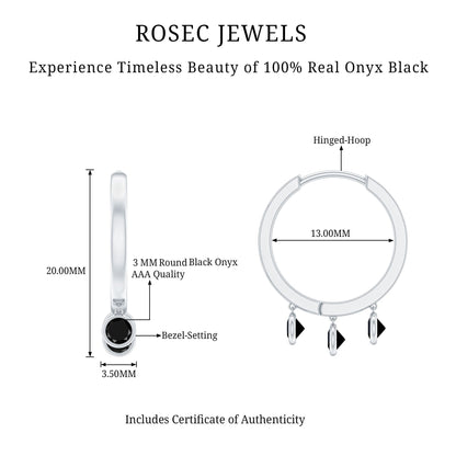 Genuine Black Onyx Hinged Hoop Drop Earrings