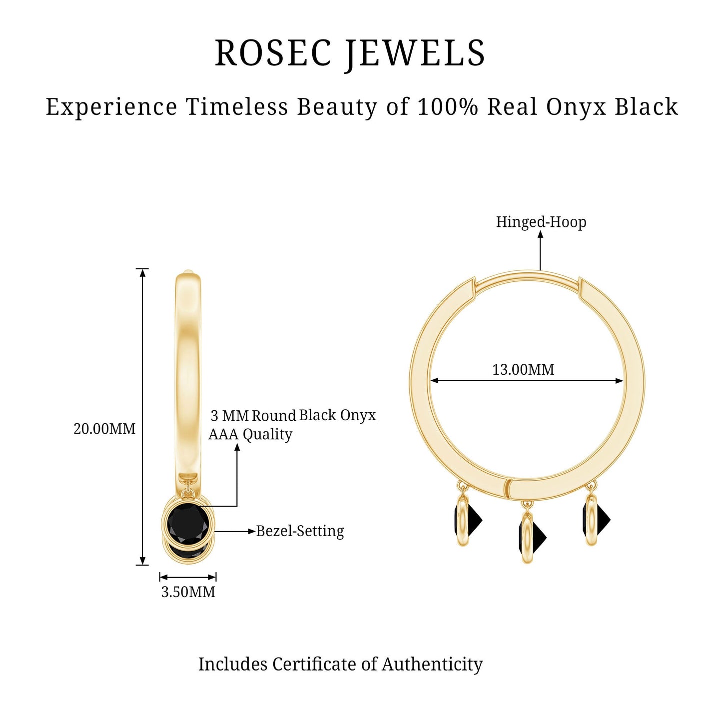 Genuine Black Onyx Hinged Hoop Drop Earrings