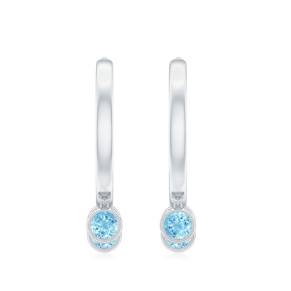 Genuine Aquamarine Hoop Earring in Bezel Setting