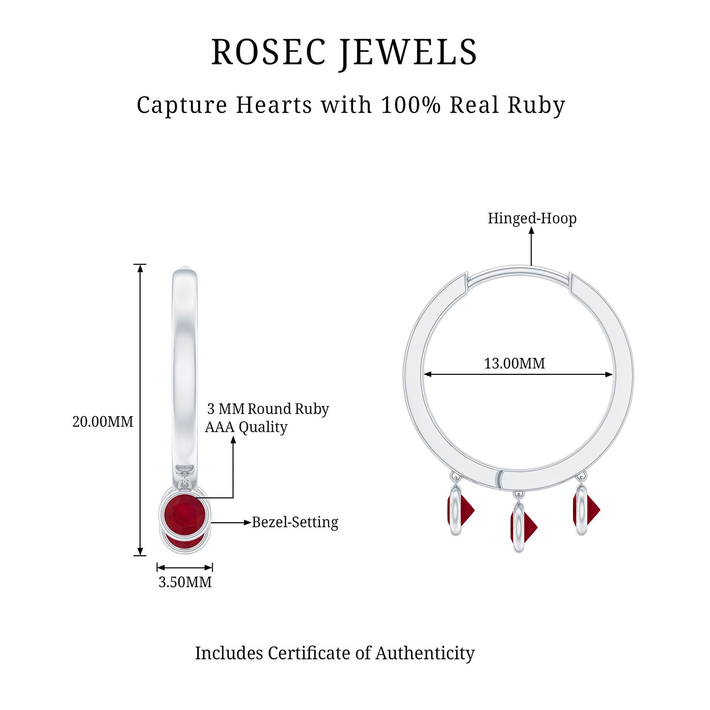 Natural Ruby Drop Hoop Earrings for Women