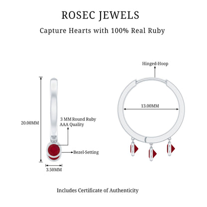Natural Ruby Drop Hoop Earrings for Women