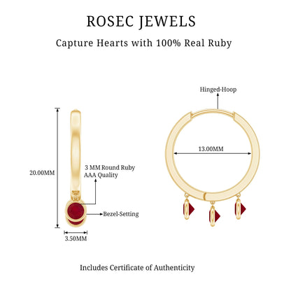 Natural Ruby Drop Hoop Earrings for Women