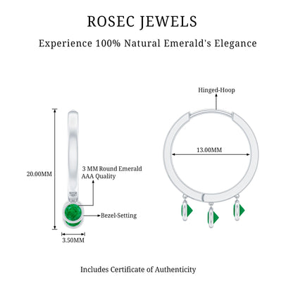 Certified Real 3 Stone Emerald Drop Hoop Earrings