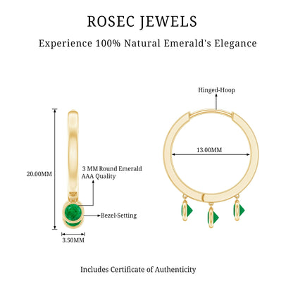 Certified Real 3 Stone Emerald Drop Hoop Earrings