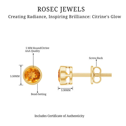 Solitaire 1 Carat Citrine Stud Earrings in Bezel Setting