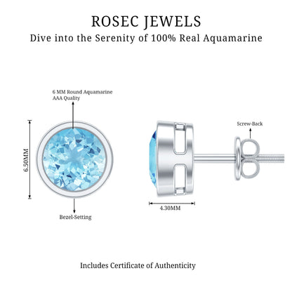 Natural 1.6 Carat Aquamarine Stud Earrings in Bezel Setting