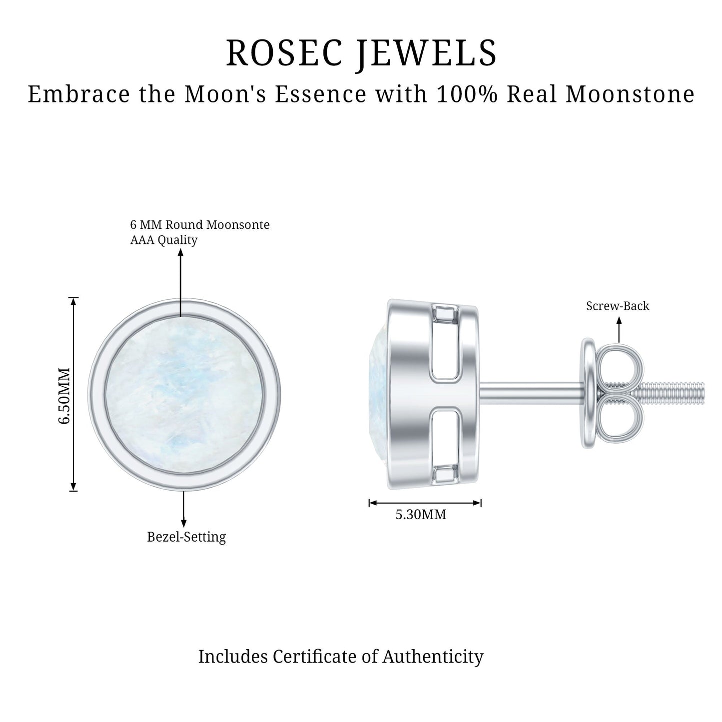 Real Moonstone Solitaire Stud Earrings in Bezel Setting