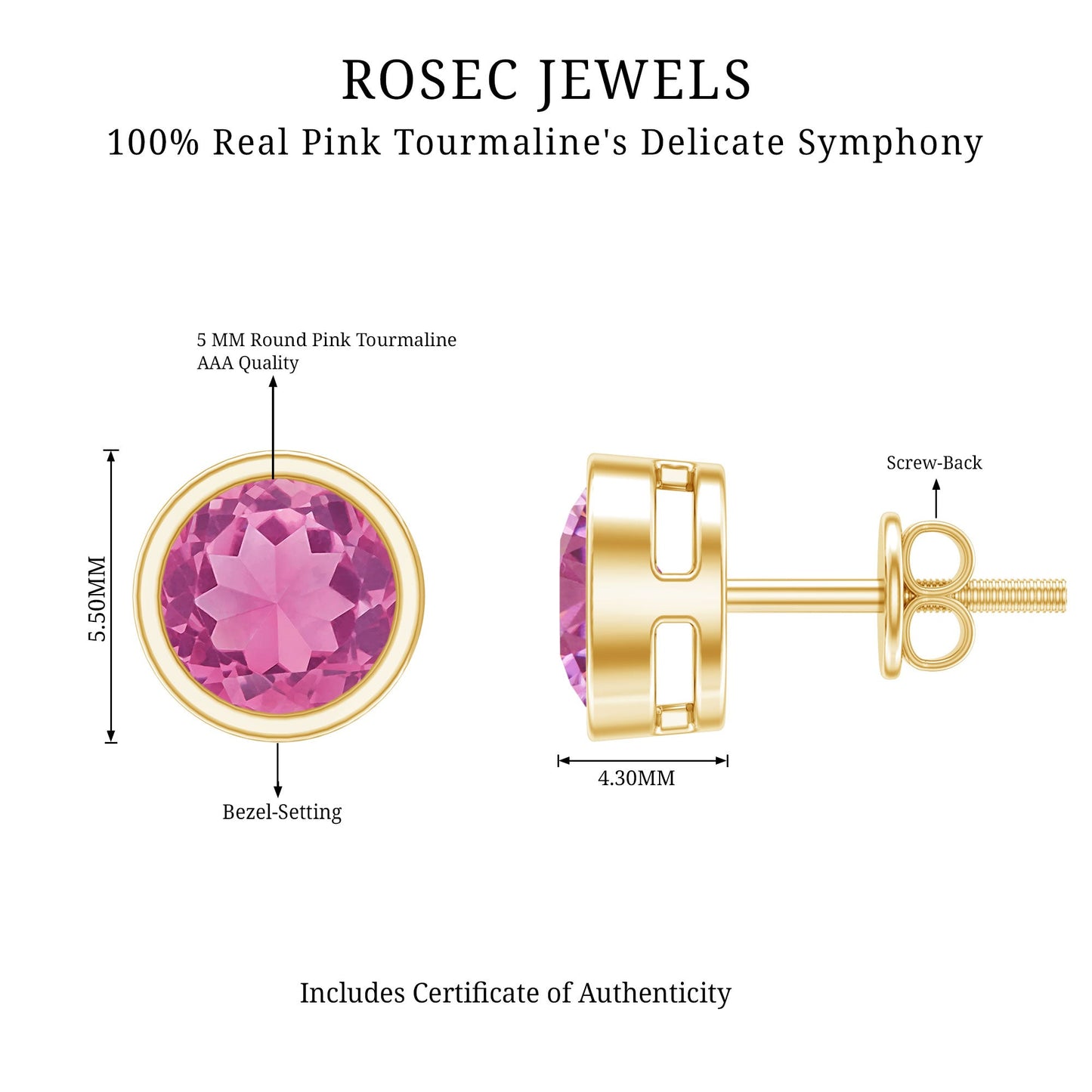 Round Pink Tourmaline Solitaire Stud Earrings