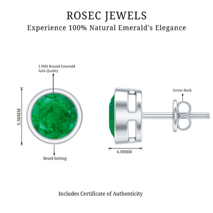 Bezel Set Round Emerald Solitaire Stud Earrings