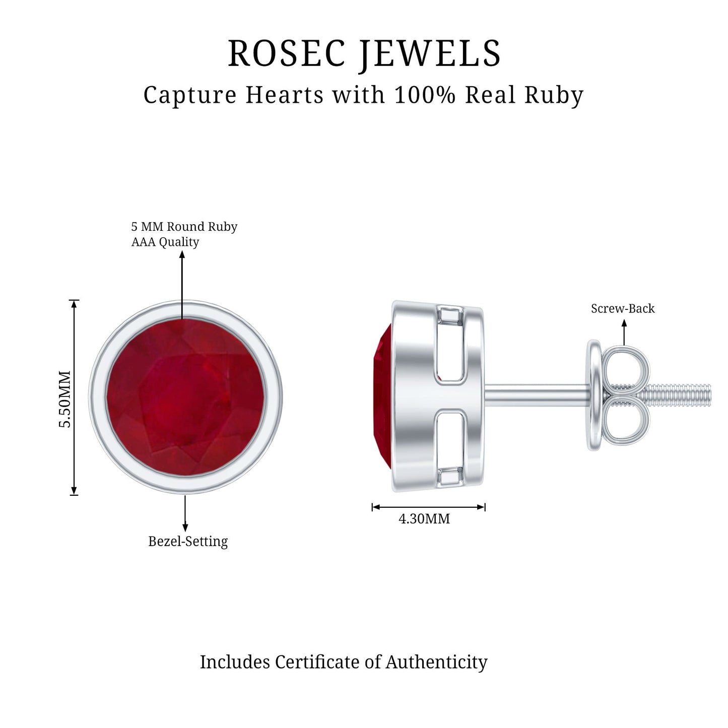 1.3 Carat Bezel Set Genuine Ruby Solitaire Stud Earrings