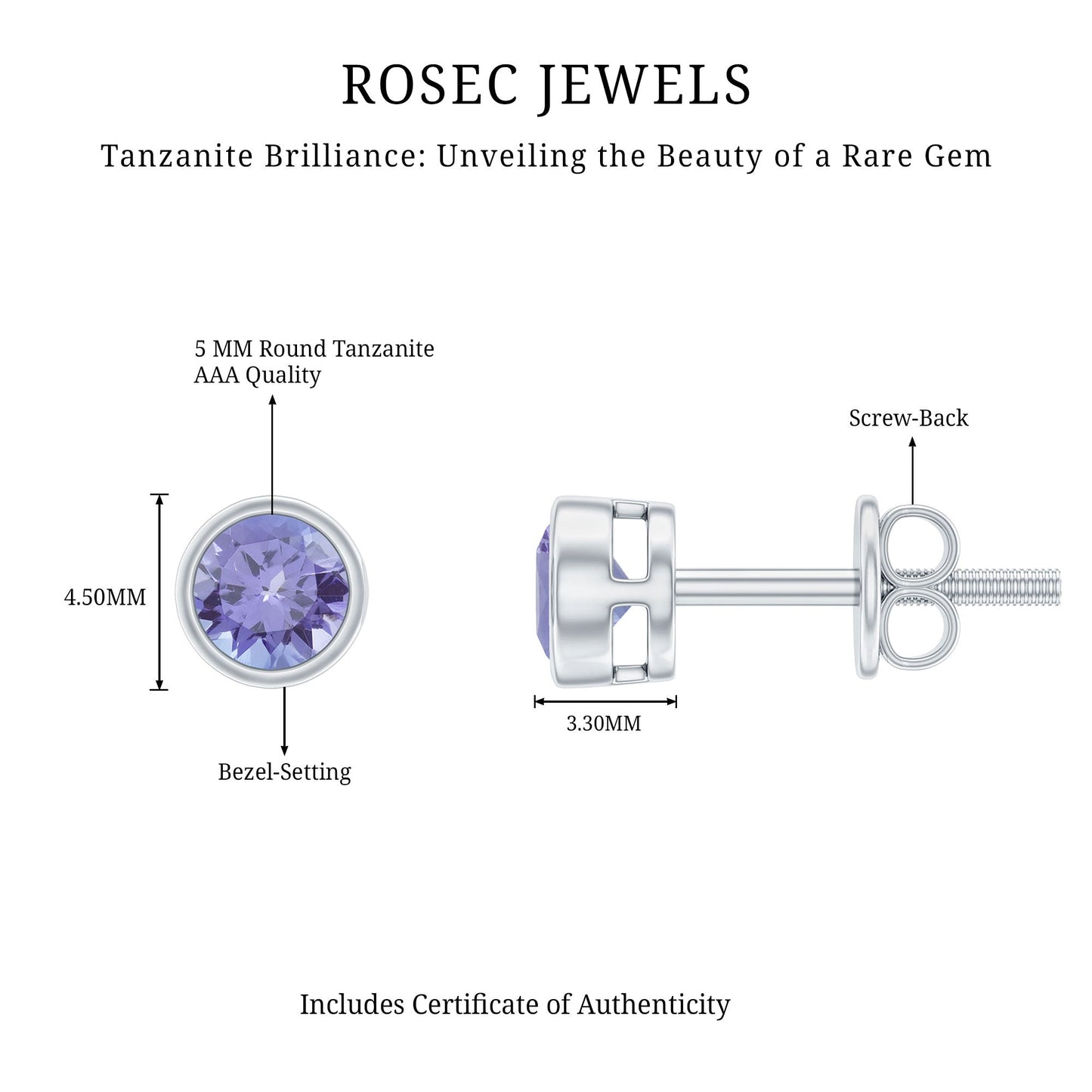 Natural 1 Carat Blue Tanzanite Solitaire Stud Earrings in Bezel Setting