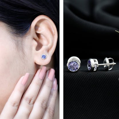 Natural 1 Carat Blue Tanzanite Solitaire Stud Earrings in Bezel Setting
