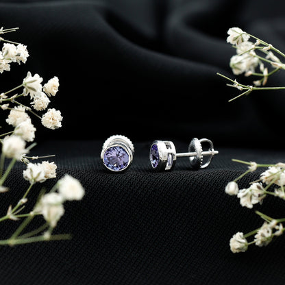 Natural 1 Carat Blue Tanzanite Solitaire Stud Earrings in Bezel Setting