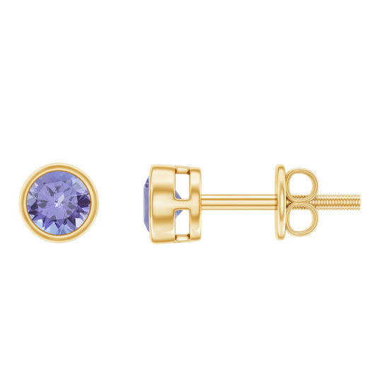 Natural 1 Carat Blue Tanzanite Solitaire Stud Earrings in Bezel Setting