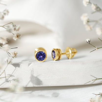Natural 1 Carat Blue Tanzanite Solitaire Stud Earrings in Bezel Setting