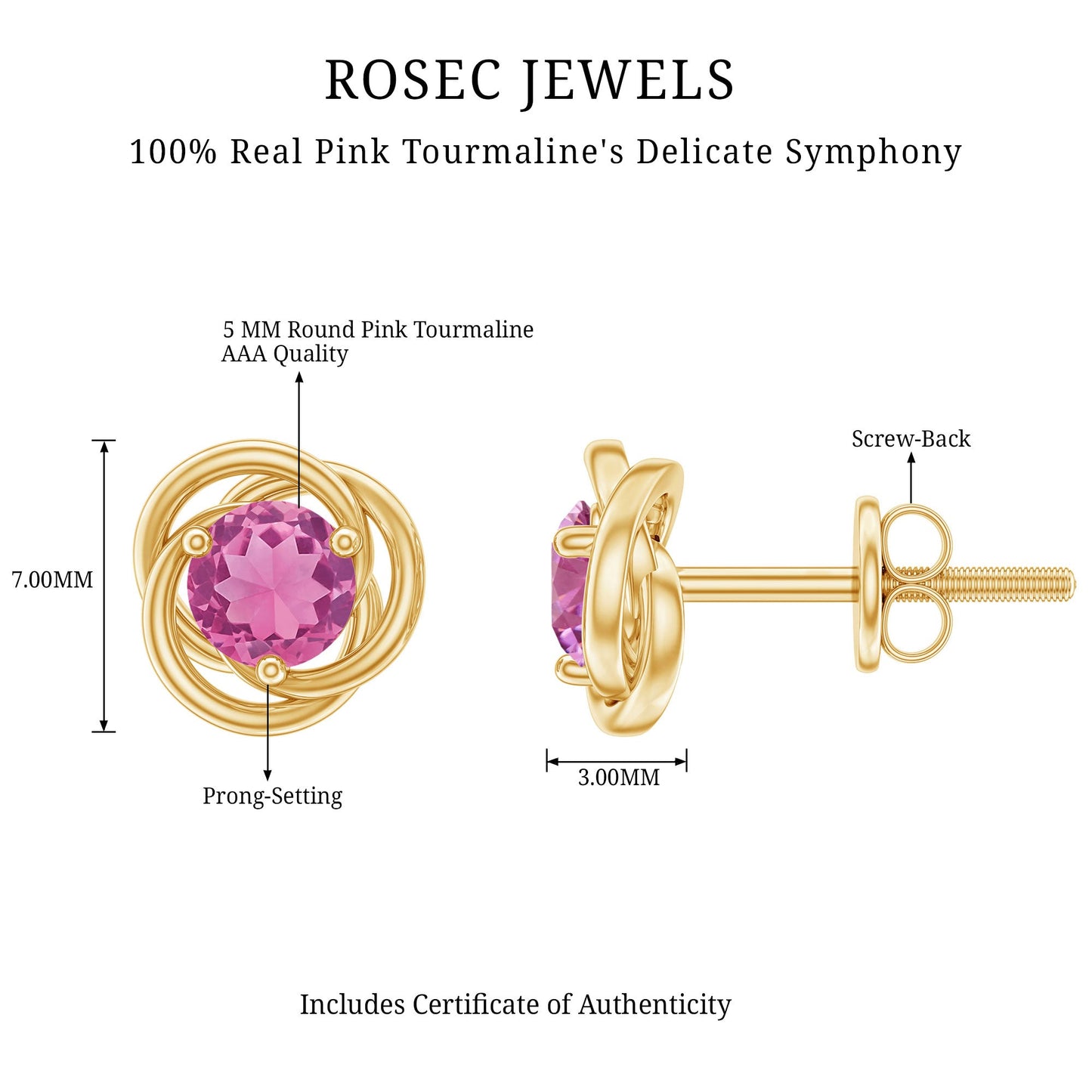0.9 Carat Solitaire Pink Tourmaline Swirl Stud Earrings