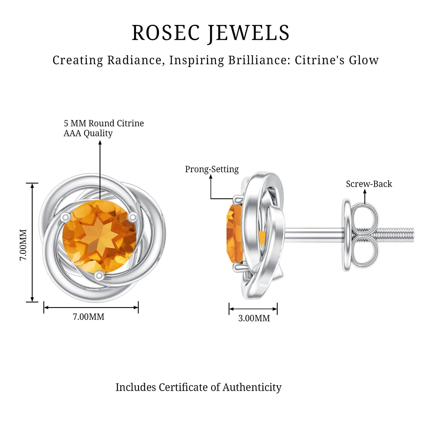 Solitaire 1 Carat Citrine Swirl Stud Earrings in 3 Prong Setting