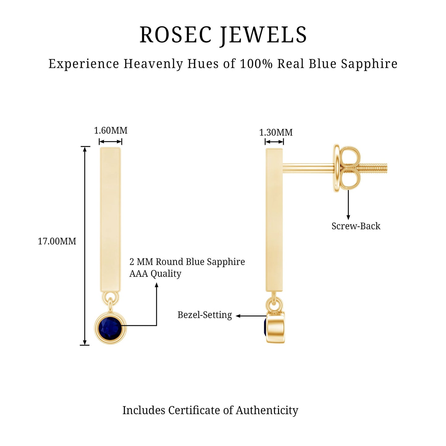 Round Blue Sapphire Bar Drop Earrings for Women