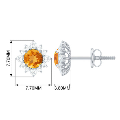 1 CT Classic Citrine Stud Earrings with Diamond Halo