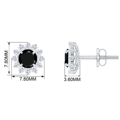 Round Created Black Diamond and Diamond Flower Halo Stud Earrings