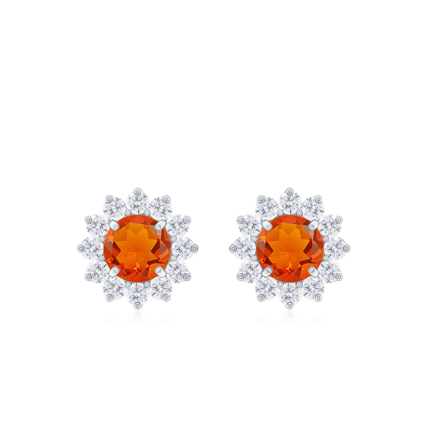 Round Fire Opal and Diamond Flower Halo Stud Earrings