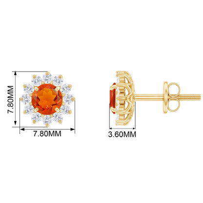 Round Fire Opal and Diamond Flower Halo Stud Earrings