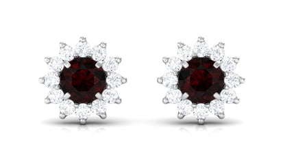 Natural Garnet and Diamond Flower Halo Stud Earrings