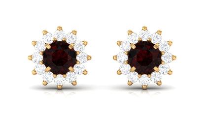 Natural Garnet and Diamond Flower Halo Stud Earrings