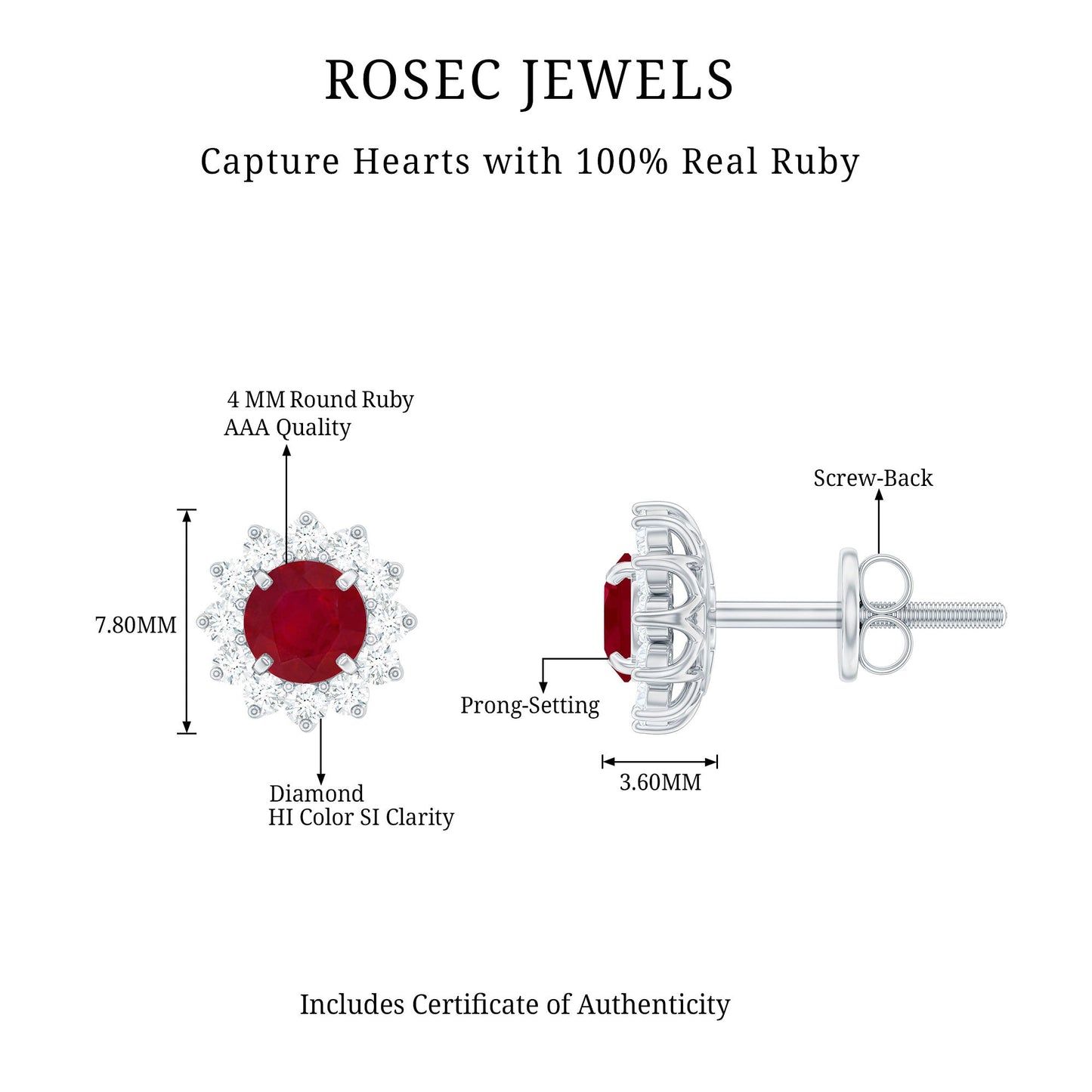 Natural 0.5 Ct Ruby Stud Earrings with Diamond Halo