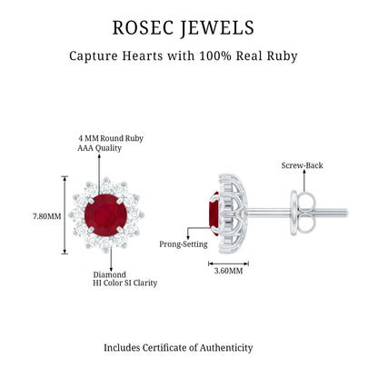 Natural 0.5 Ct Ruby Stud Earrings with Diamond Halo