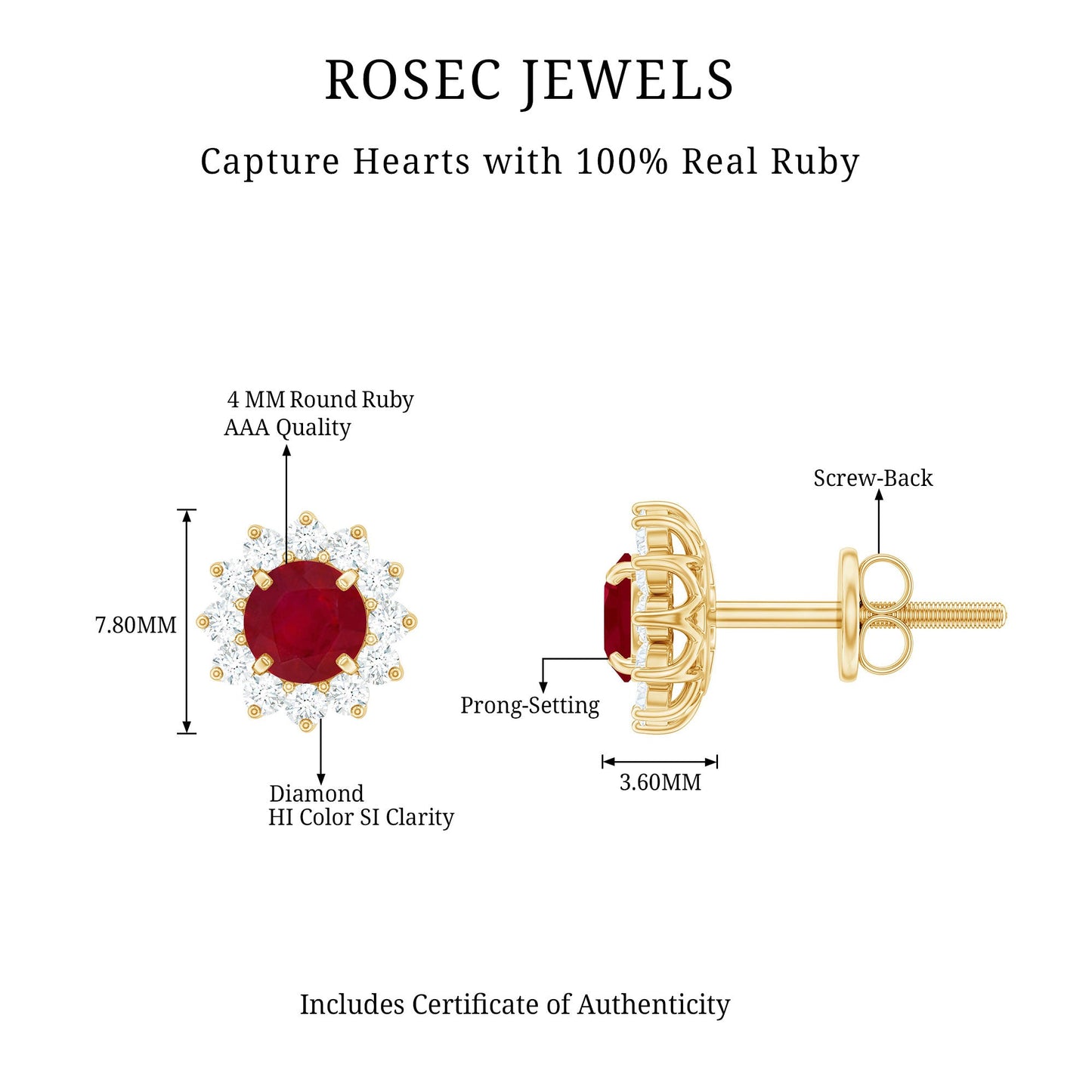 Natural 0.5 Ct Ruby Stud Earrings with Diamond Halo