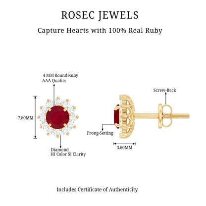 Natural 0.5 Ct Ruby Stud Earrings with Diamond Halo