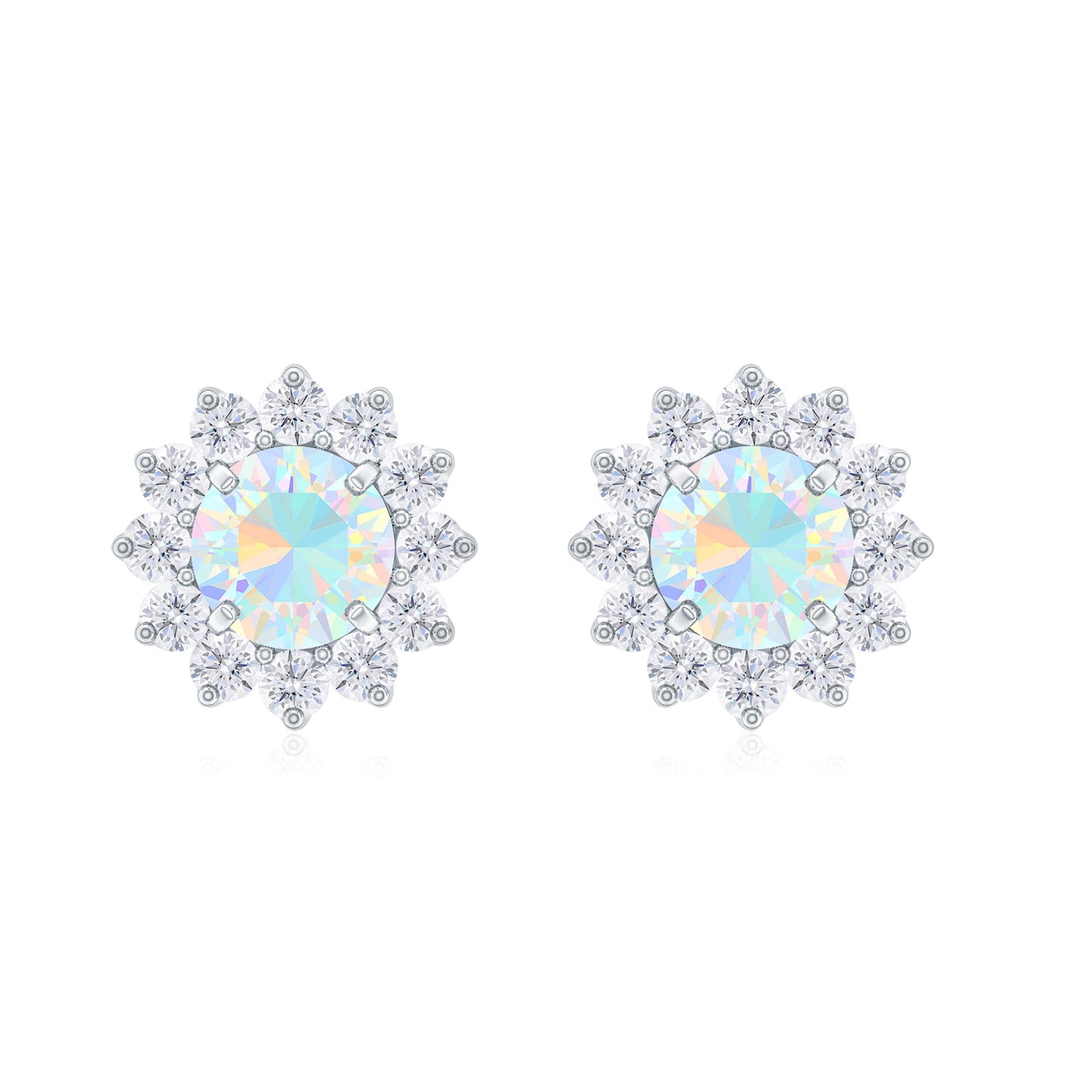 Real Ethiopian Opal Flower Stud Earrings with Diamond Halo