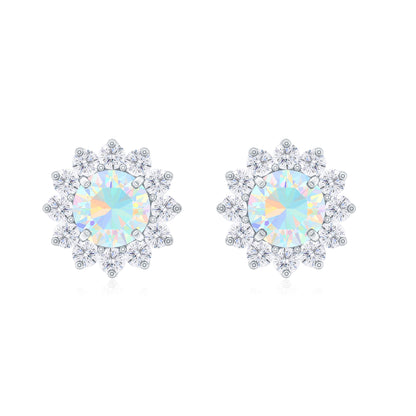 Real Ethiopian Opal Flower Stud Earrings with Diamond Halo