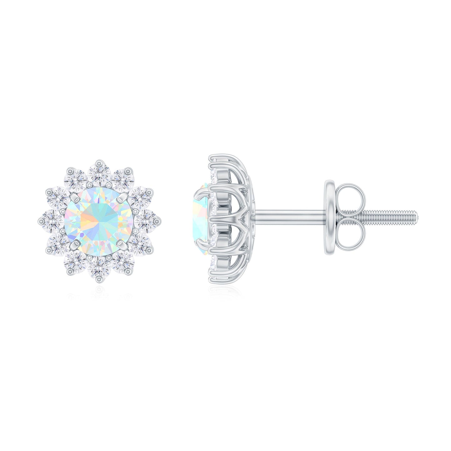Real Ethiopian Opal Flower Stud Earrings with Diamond Halo