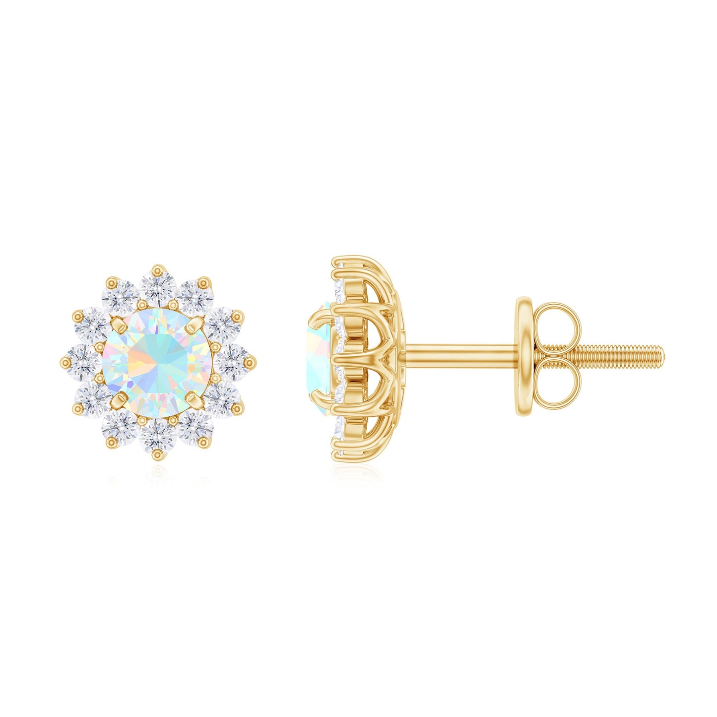 Real Ethiopian Opal Flower Stud Earrings with Diamond Halo