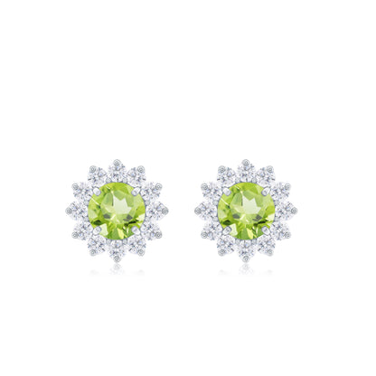 1 CT Peridot and Diamond Flower Halo Stud Earrings